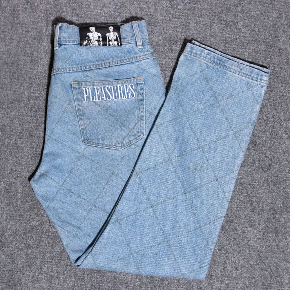 PLEASURES Washed Feeling Denim Jeans Diamond Embroidered Light Blue Men's 32x31